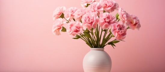 Sticker - A small vase containing blooming pink flowers is placed on a wooden table