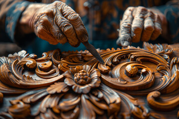 Wall Mural - An expert craftsman meticulously carving intricate designs into fine wood, showcasing unparalleled skill and precision. Concept of artisanal craftsmanship. Generative Ai.