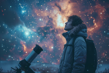 Canvas Print - A scientist studying the distant stars through a powerful telescope, unlocking the mysteries of the universe. Concept of cosmic exploration. Generative Ai.