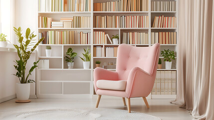Canvas Print - The room exudes a sense of comfort and tranquility. A large white bookshelf dominates the space