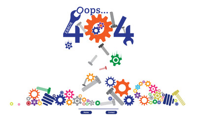 Wall Mural - Error 404 abstract design with gears, screw, light bulb vector illustration. Webpage internet security warning to use in programing, web development, webpage error, error 404 projects. 