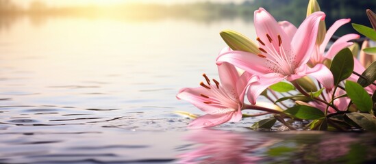 Sticker - Pink flowers gracefully float on the water's surface, creating a serene and delicate natural scene