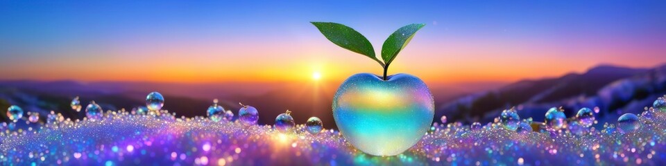 Wall Mural - Abstract surrealistic illustration translucent apple shaped bubble on sunset background. Background for social media banner, website and for your design, space for text.