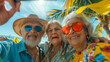 Abuelos disfrutando del verano tropical en un viaje de vacaciones con risas, cielo azul y palmeras al fondo.