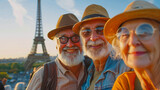 Fototapeta  - Abuelos posando para un selfie en un viaje de oferta a Francia con la torre Eiffel de fondo un día espectacularmente soleado.