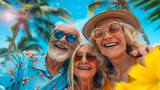 Fototapeta Młodzieżowe - Abuelos disfrutando del verano tropical en un viaje de vacaciones con risas, cielo azul y palmeras al fondo.