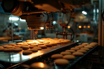 Sticker - A machine is making cookies on a conveyor belt. Generative AI.