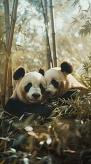 Poster - Two panda bears are sitting in the bamboo forest. Generative AI.