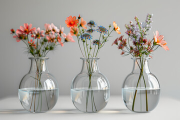 Sticker - Clear glass vases with single blooming flowers isolated on a white background. Concept of floral simplicity. Generative Ai.