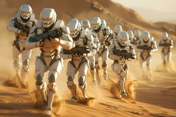 A group of white storm troopers running in the desert. Generative AI.