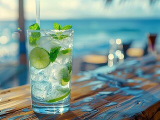 Wall Mural - A glass of a drink with ice and lime on the beach. Generative AI.