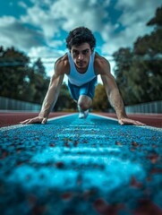 Wall Mural - A man in a blue shirt is doing push ups on the track. Generative AI.