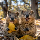 Fototapeta Zwierzęta - Two cute little animals are sitting on the ground eating leaves. Generative AI.