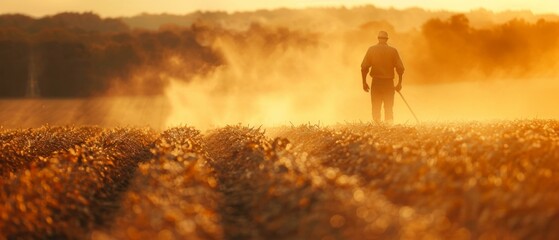 Canvas Print - A man is standing in a field with his dog. Generative AI.