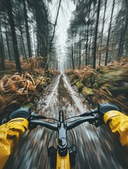 Poster - A person riding a bike through the woods on a rainy day. Generative AI.