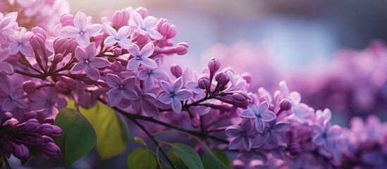 Wall Mural - Purple lila flowers are blooming beautifully in the warm sunlight of a sunny day, showcasing their vibrant color and delicate petals.