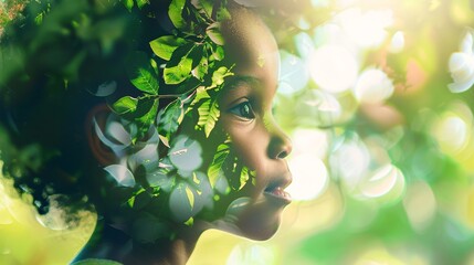 Double exposure of a black child and nature. Earth day concept