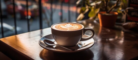 Poster - The table is adorned with a saucer holding a freshly brewed cup of coffee, creating a cozy ambiance