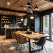 black and wood cabin interior lights and chairs, designer dinner table chairs  bright, natural leather, cement wall, pine wood yellow flooring, open plan kitchen with pine wood shelves, cabinets