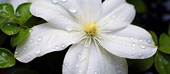 Poster - A vibrant flower with delicate petals covered in shimmering water droplets, nestled in the midst of a lush garden