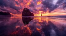 A Secluded Beach At Sunset, The Sky Ablaze With Colors Ranging From Deep Purple To Orange, Reflections Dancing On The Wet Sand, Creating A Moment Of Harmony And Reflection.