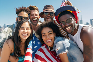 Excited happy multiracial friends different ethnicities and skin colors with American USA Flag celebrating 4 july at New York streets at summer sunny day