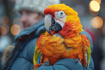 Sticker - A cheerful parrot perched on its owner's shoulder, mimicking words and chirping melodies. Concept of communication and companionship. Generative Ai.