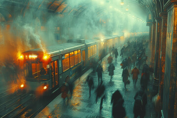 Wall Mural - commuters rushing to catch the departing bus, their hurried footsteps echoing through the station. c