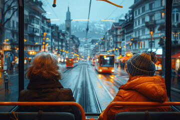 Poster - Commuters sharing a ride on the tram, gazing out the window at the passing cityscape. Concept of urban transit and efficiency. Generative Ai.