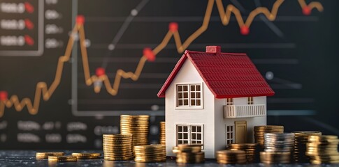 house model surrounded by stacks of coins with an upward trending graph in the background, representing real estate growth and a stock market