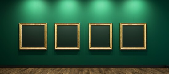 Wall Mural - Wall painted green with three picture frames mounted on it. The frames are empty and there is a wooden floor below.