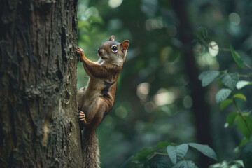 Wall Mural - Sweet little squirrels scampering up and down tree trunks in a verdant forest, their bushy tails providing balance as they search for food, captured with HD clarity