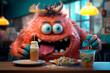 © Yuliia - Cute alien in a cafe. A pink shaggy character smiles at a table in a fast food restaurant. Children's birthday, party.