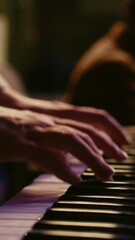 Leinwandbilder - Vertical Video Musician composer playing midi controller synthesizer in professional studio, composing music on mixing console. Artist performing on piano electronic keyboard in control room. Camera B