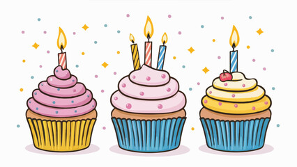 Wall Mural - Delicious Birthday Cupcake: Vector Illustration with Candle on White Background