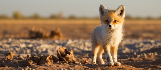 Wall Mural - The adorable fox with orange fur is standing alone in the vast green meadow under the clear sky