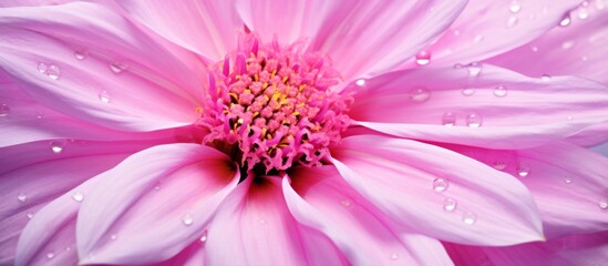 Canvas Print - Close-up view of a delicate pink flower covered in small water droplets, glistening in the light