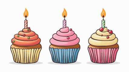 Wall Mural - Delicious Birthday Cupcake: Vector Illustration with Candle on White Background