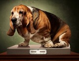 Fototapeta Uliczki - Weighty Matter: Portly Basset Hound Steps on Scale for Checkup