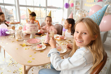 Sticker - Cute little girl eating Birthday cake at party