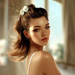 A glamorous young woman with white flowers adorning her ponytail hair stands in the morning light.