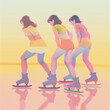 Grupo de chicas patinando en quads, ilustración digital en tonos pastel