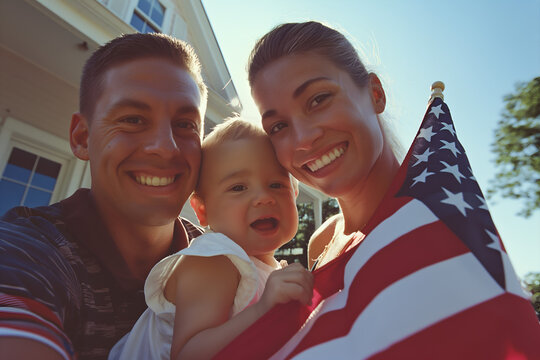 Happy loving family with smiling baby holding American USA Flag draped over shoulders in front the porch of typical American house at sunny day. Family celebrates 4 July Independence Day