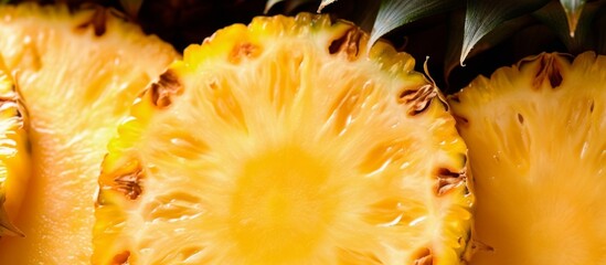 Canvas Print - A ripe pineapple fruit is cut open, revealing its juicy flesh and textured skin