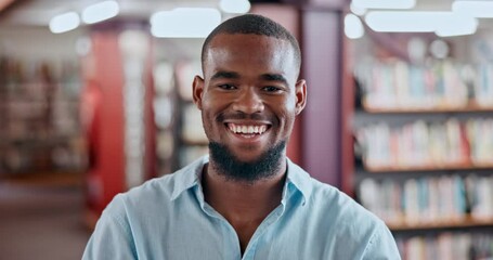 Poster - Face, education or black man in a library with arms crossed or smile in college for knowledge or future learning. Scholarship, portrait or happy student at school studying information or research