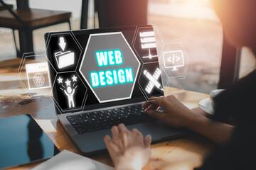 Wall Mural - web design concept, businesswoman using laptop computer on desk with web design icon on virtual scre