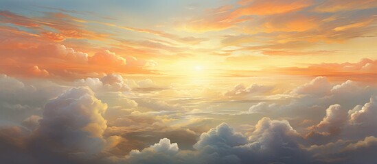 Wall Mural - An aircraft gracefully flying amidst a beautiful sunset painted over fluffy clouds in the sky