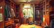 The room of the boys' apartment, there are wardrobes, clothes, cloakrooms, 2d games partial realistic art style