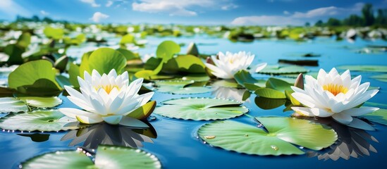 Poster - Several beautiful water lilies are peacefully drifting on the calm surface of the lake, creating a tranquil and picturesque scene