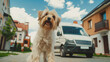 © keystoker - A happy dog stands in front of an entrepreneurs mobile grooming van on a sunny suburban street. Concept of moving with pets.